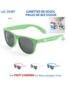 Lunettes de soleil vert fluo avec verres gris, motif « Lunettes de soleil PAILLE DE BEL COLOR », petit échantillon coloré et texte “Prix TOUT COMPRIS”.