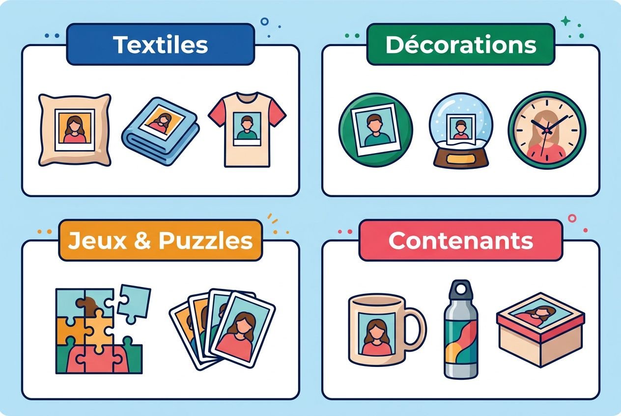Objets à personnaliser avec photo: affiches et textiles montrant photos, décorations avec cadres, puzzles et contenus personnalisés avec images.