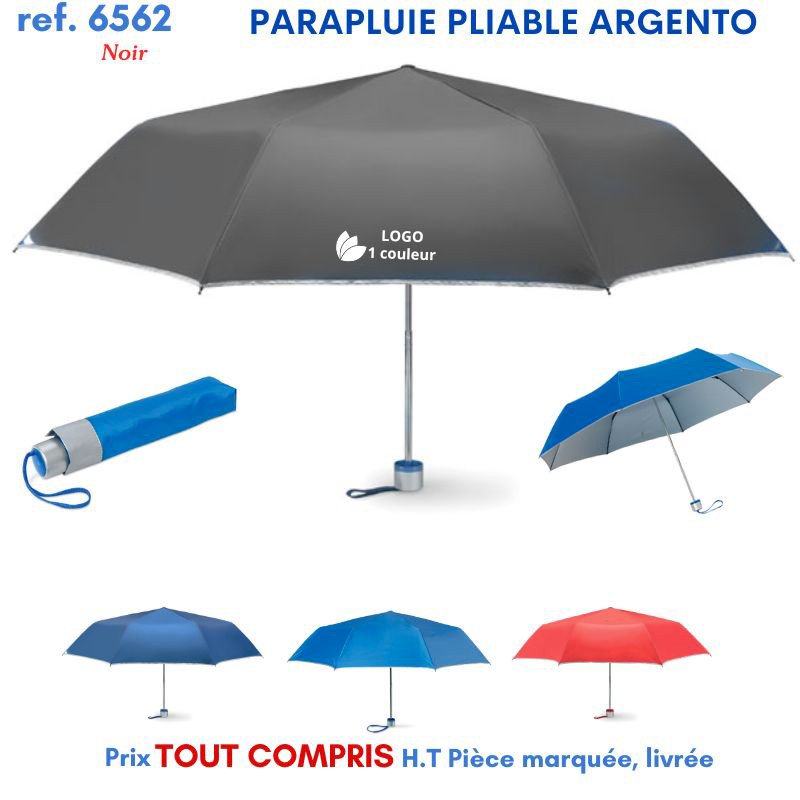 Parapluie pliable argenté avec logo 1 couleur, grande ombrelle et socle central, avec étui bleu et parapluie bleu/gris, affichage de devis. parapluie avec logo entreprise