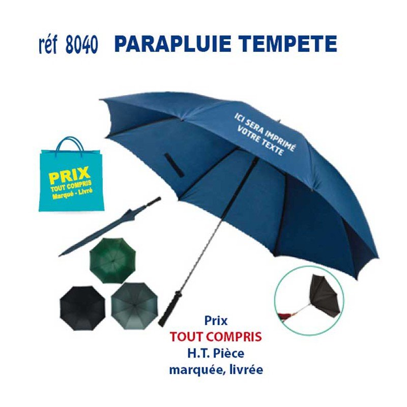 Parapluie publicitaire personnalisé qualité modèle Tempête avec impression sur canopy et solutions de personnalisation accompagnées d’un modèle pliable et options couleur.