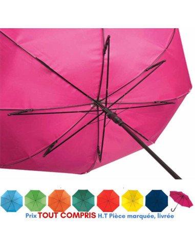 Parapluie publicitaire personnalisé qualité : parapluie coloré ouvert avec armature noire et mât, disponible en plusieurs coloris.