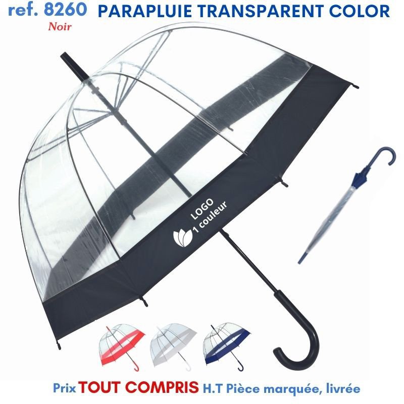 Parapluie transparent color avec au-dessus du texte « LOGO 1 couleur » et un manche incurvé, accompagné d’un parapluie d’appoint; option parapluie avec logo entreprise.