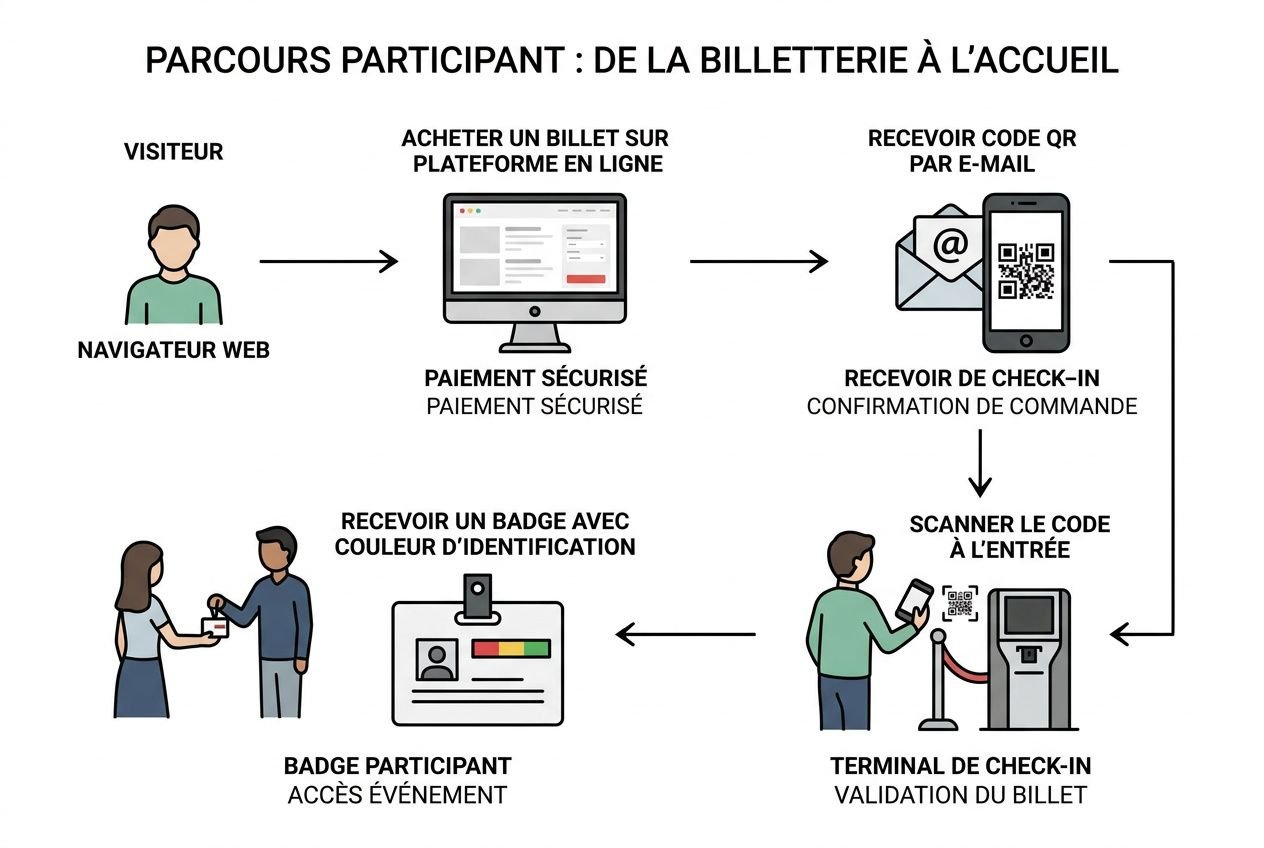 Parcours participant : achat d’un billet en ligne puis check-in, badge et accès événement via scanner et terminal de check-in. outils pour organiser un événement intégrés.
