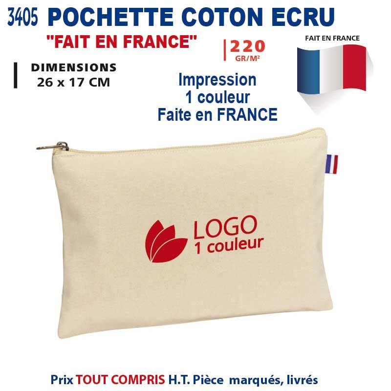 Pochette en coton écru avec logo personnalisé rouge, zippée, motif « Logo 1 couleur », réalisée en France. Intérêt des goodies publicitaires.