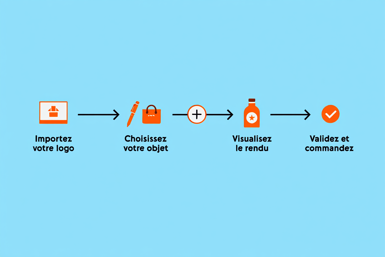 Processus simple: importez votre logo, choisissez votre objet, visualisez le rendu, puis validez et commandez pour une création de goodies personnalisés.