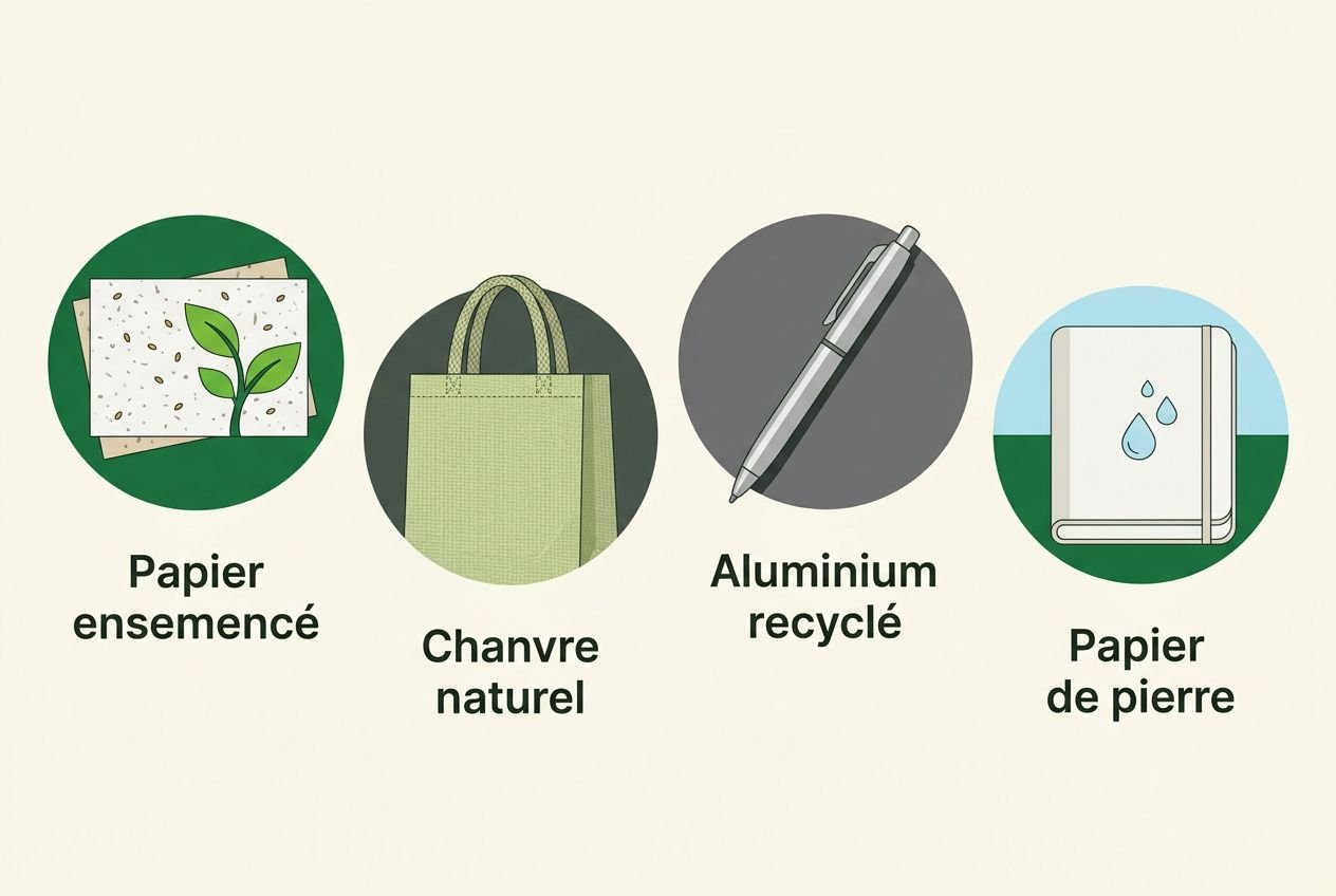 Quatre icônes circulaires illustrant des goodies insolite et écologiques: papier ensemencé, chanvre naturel, aluminium recyclé et papier de pierre.