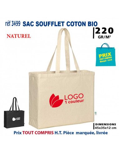 Sac en coton beige avec logo rouge, grand format, prêt à emporter.