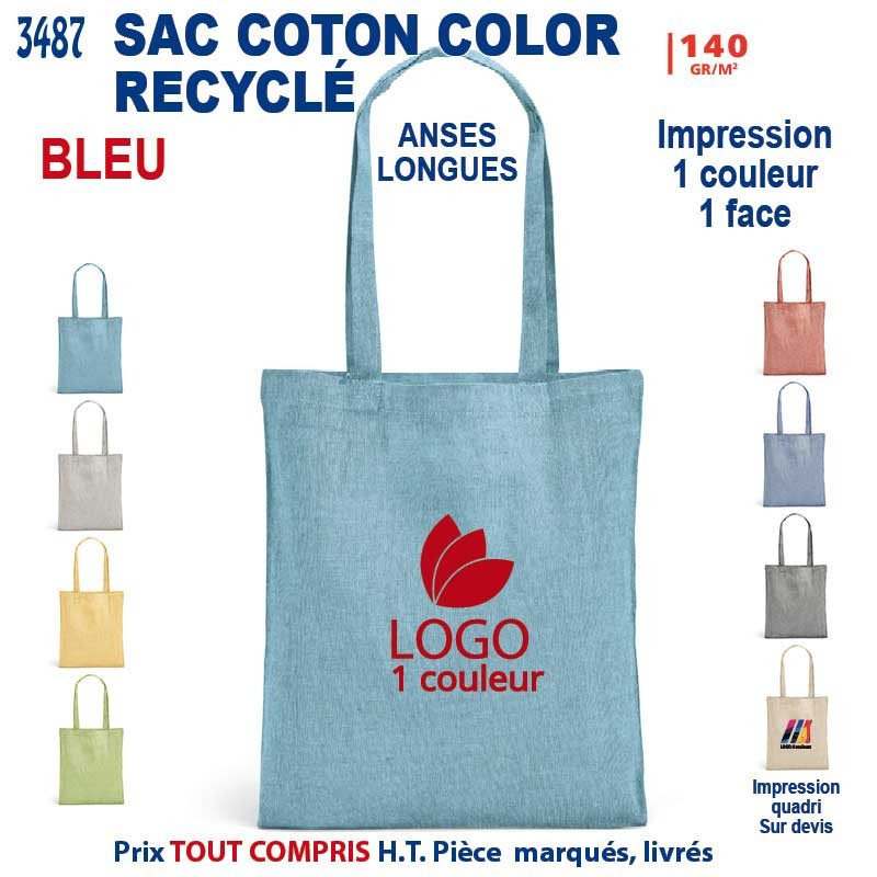 Sac coton bleu récyclé avec logo rouge au centre et anses longues.