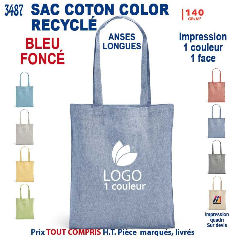 Sac en coton recyclé bleu foncé avec annes longues et logo imprimé au centre.