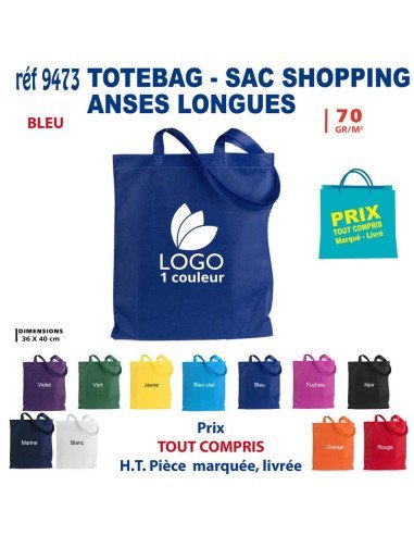 Sac tote bleu avec logo blanc, prêt à personnaliser; autres couleurs disponibles et mini-tarif affiché.