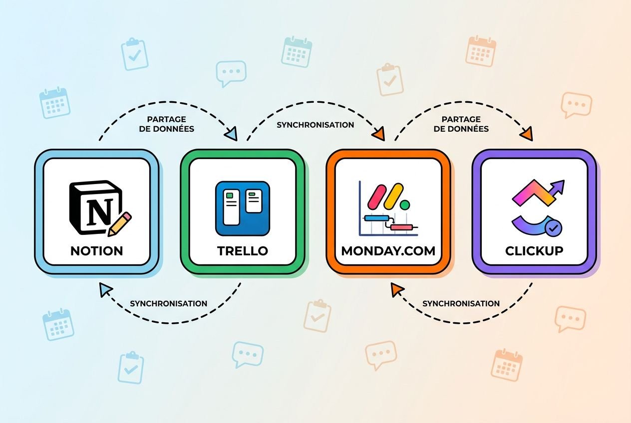 Schéma des outils pour organiser un événement: Notion, Trello, Monday.com et ClickUp connectés pour la synchronisation et le partage de données.