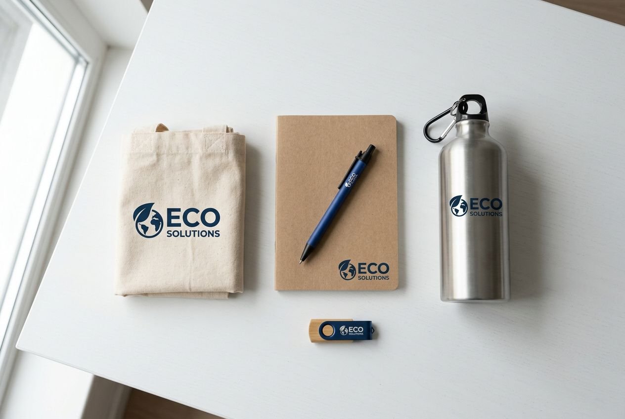 Set d’articles promo écoresponsables pour création de goodies personnalisés: tote bag, carnet, stylo, clé USB et gourde avec logo Eco Solutions.
