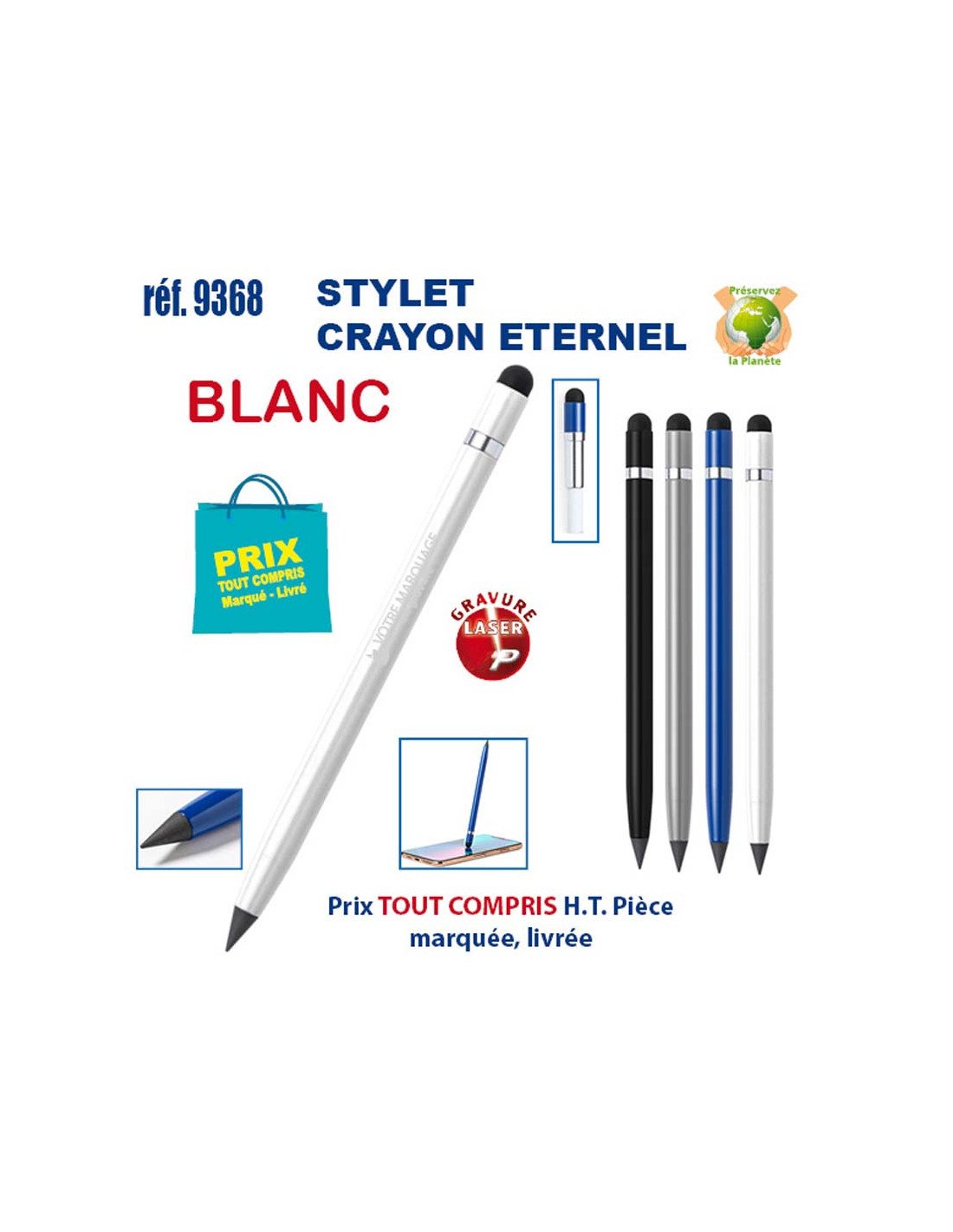 Stylet crayon éternel blanc et autres stylos argentés/bleus avec logo gravure laser, emballage bleu et texte Prix tout compris.