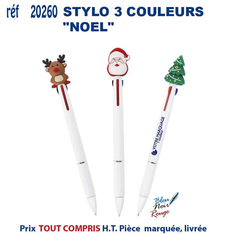 Stylo blanc avec capuchon et mini décor Noël (renne, Père Noël, sapin) en haut, 3 coloris de stylo, logo et texte promotionnel sur le corps. intégration: comment choisir objet promotionnel.