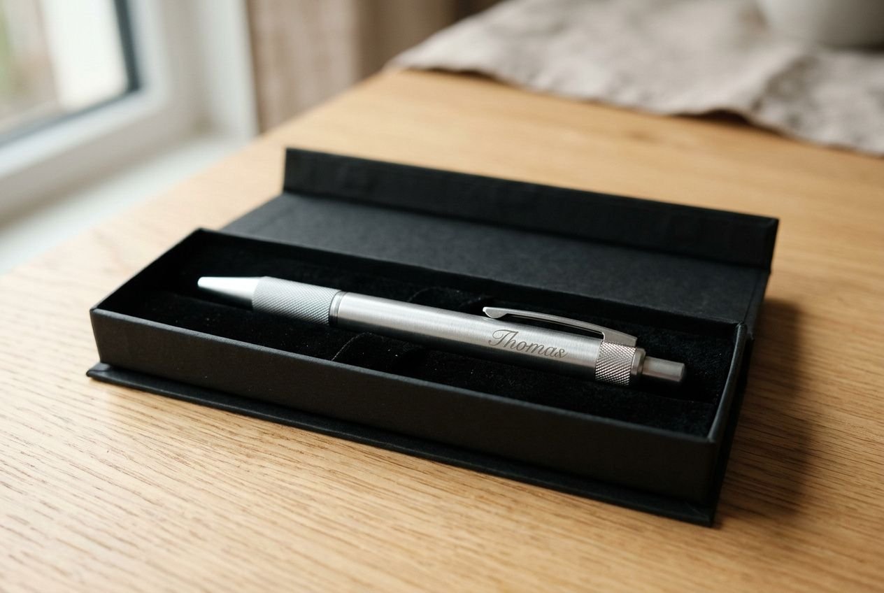 Stylo personnalisé prénom en argent gravé dans une boîte noire, prêt à offrir.