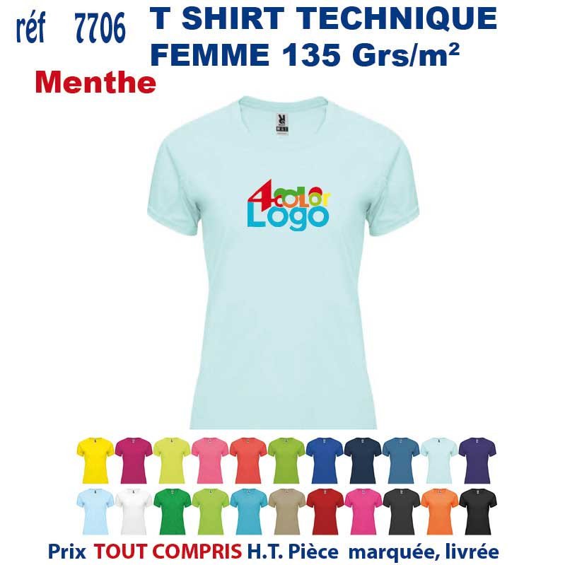T-shirt technique femme mint clair 135 g/m² avec logo couleur, variants couleurs disponibles, guide sélection objets publicitaires été intégré.