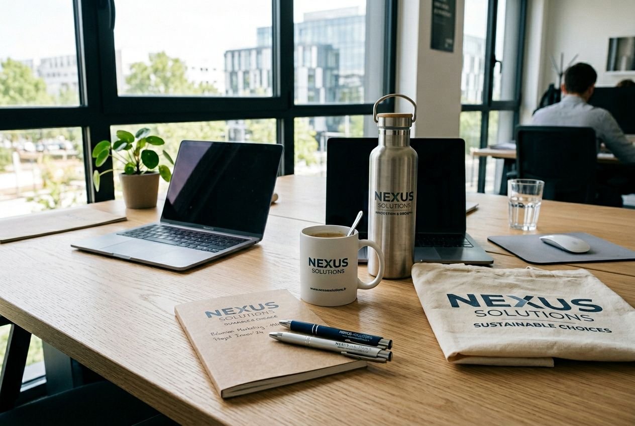 Table de travail avec goodies personnalisés Nexus : carnet, tasse, gourde et tote bag, parfaits pour le meilleur goodies fidélisation client.