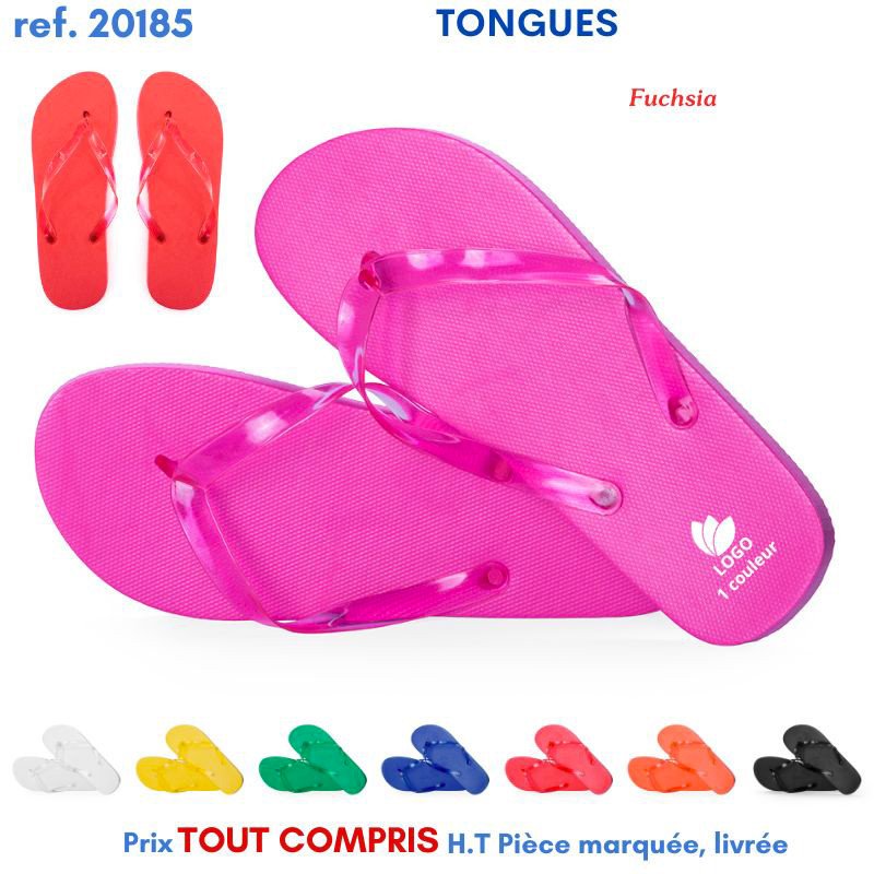 Tonges: sandales tong imprimées fuchsia, visibles avec semelles et lanières translucides; variantes en plusieurs couleurs (blanc, jaune, vert, bleu, rouge, orange, noir) disponibles. Objets publicitaires pour l'été.