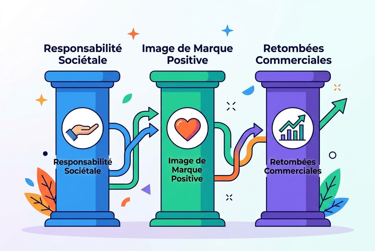Trois colonnes illustrées: Responsabilité Sociétale à gauche, Image de Marque Positive au centre, Retombées Commerciales à droite, avec flux et icônes symbolisant impact et croissance. Pourquoi sponsoriser un événement pourrait être évoqué.