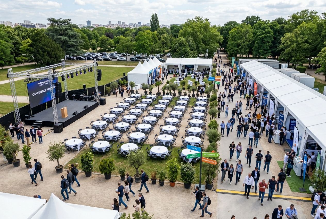 Vue d’ensemble d’un grand événement en plein air avec scène, rangées de tables rondes et chapiteaux, stands d’exposants et visiteurs. liste matériel événementiel intégrée naturellement.